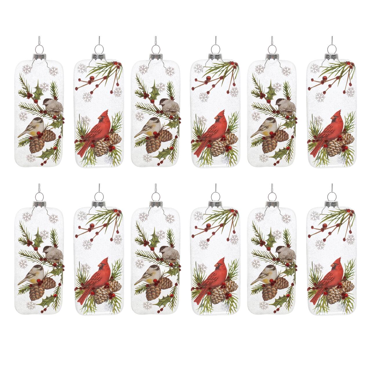 6" Glittered Glass Cardinal & Chickadee Ornaments Set